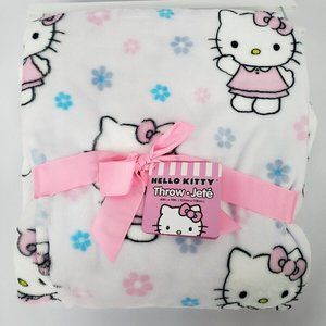 Sanrio Hello Kitty Pink & Blue Daisy Flowers White Plush Throw Blanket 60 x 70"